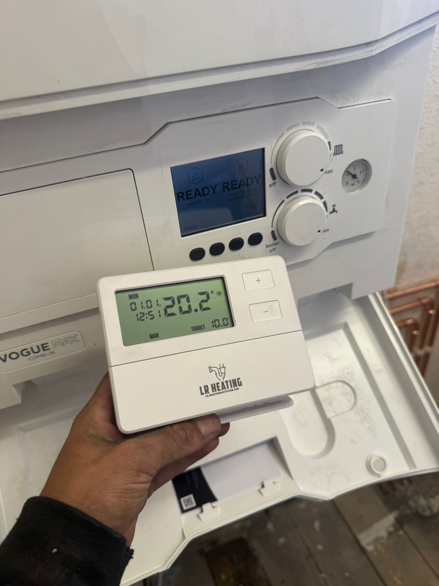 LR Heating branded wireless room thermostat, fitted with a new Ideal Vogue Max combi boiler