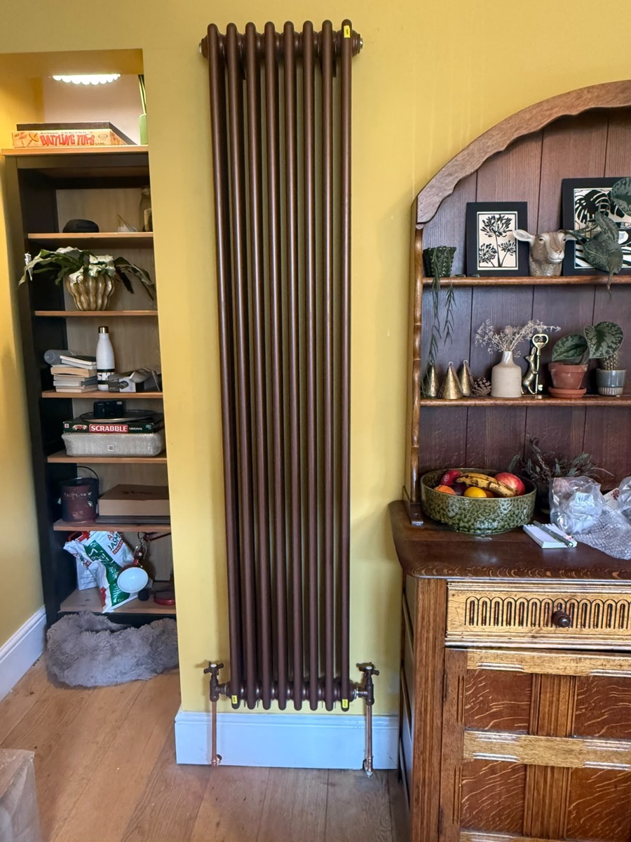 Bronze vertical column radiator fitted by LR Heating in a period room with a wooden dresser
